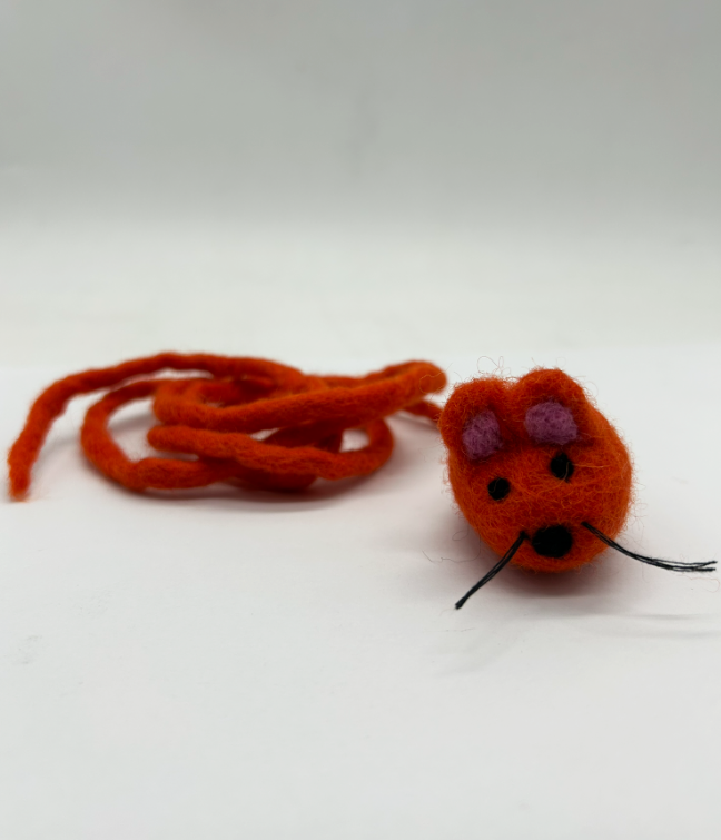 Vibrant Orange Felted Wool Mouse Cat Toy with Interactive Tail
